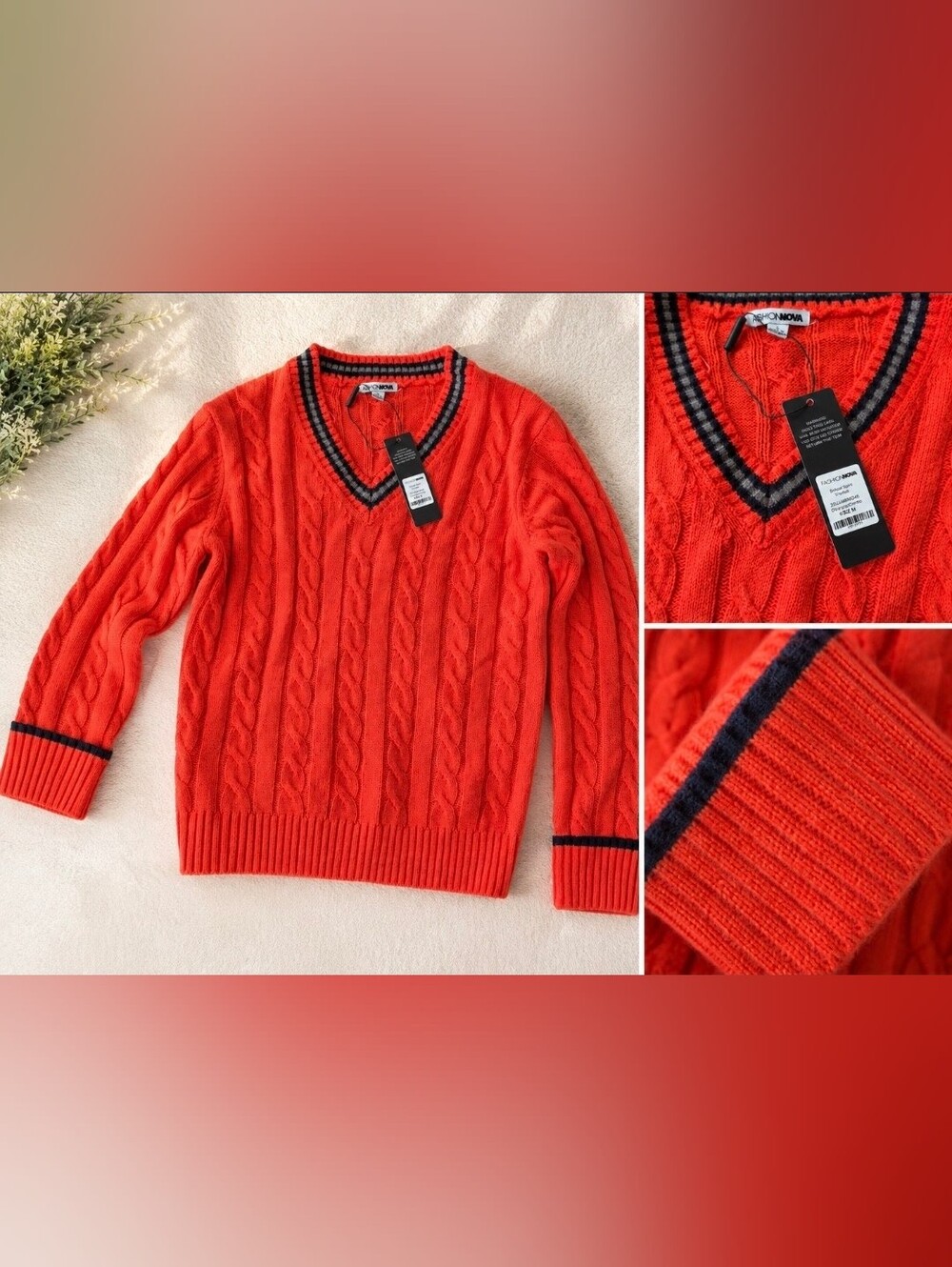 Womens Cable Knit V-Neck Sweater - Bright Orange with Navy Trim